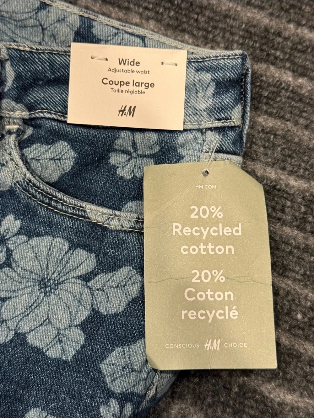 Girls H&M Wide Leg Size 8‎ Blue Denim Jeans Floral Pattern Adjustable Waist NWT